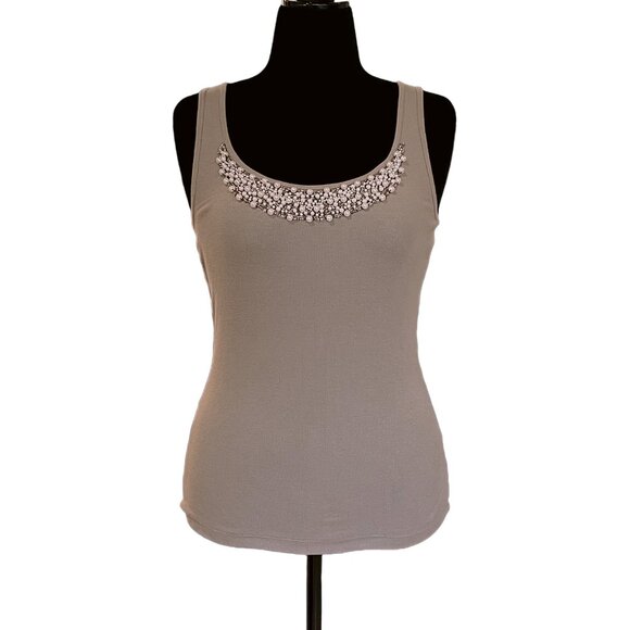 Embellished Rib Knit Cotton Tank Top — Taupe Stone Neutral Scoop Neck Size M - Picture 1 of 10